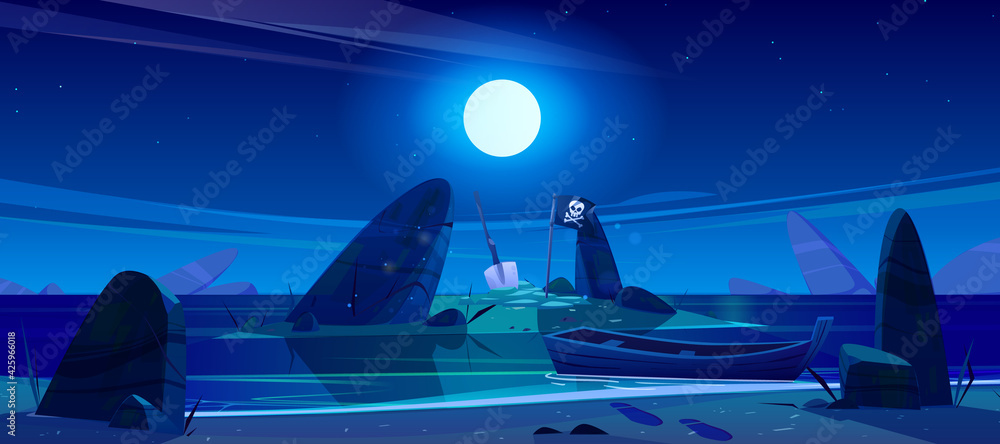 Night landscape of sea beach, boat and island in water with pirate flag and shovel. Vector cartoon illustration of ocean shore with wooden ship, black flag with skull, stones and moon in sky - obrazy, fototapety, plakaty 