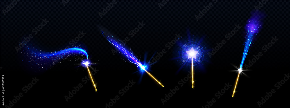 Magic wands with blue star and glowing sparkle trails, gold colored rods with shiny fairy dust and neon light effect trace, isolated objects on black background, Realistic 3d vector illustration, set - obrazy, fototapety, plakaty 