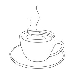 Wall Mural - Continuous line drawing of cup of coffee or tea. Contour of Hot drink with smoke isolated on white background. Abstract Vector illustration