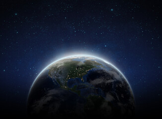 Wall Mural - Earth on space. Blue Planet Earth view from outer space show North & South America, USA. World Global in Universe, Star field, Galaxy, Nebula. Earth 3D render -Elements of this image furnished by NASA