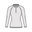 © Vectoressa - Zip-up Sweater technical fashion illustration with rib henley neck, long raglan sleeves, fitted body, hip length, knit trim. Flat apparel front, grey color style. Women, men unisex CAD mockup