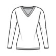 © Vectoressa - V-neck Sweater technical fashion illustration with long sleeves, slim fit, thigh length, knit rib trim. Flat jumper apparel front, white color style. Women, men unisex CAD mockup