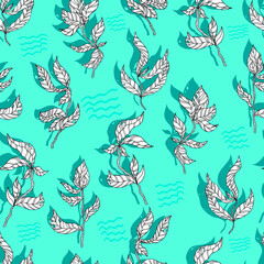  leaves on wooden twigs vector seamless pattern white and green with shadow on blue