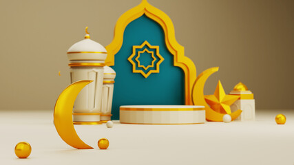 Wall Mural - 3d render of Mosque, lantern, moon and star miniature for ramadan 