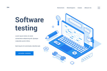Contemporary elements of laptop and tools for web page offering information about modern software testing isolated on white background. Isometric web banner, landing page template