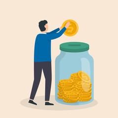 Wall Mural - Money saving concept. Man inserting cash into glass jar. Vector illustration