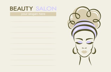 Beauty salon business card. Face of a beautiful woman on a light beige background, lines for text. Template for hairdressing salons, spas and make-up salons, women's clubs. Vector illustration.