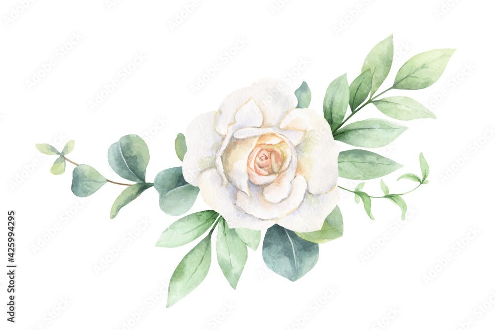 Watercolor vector wreath of green branches and flowers. - obrazy, fototapety, plakaty 
