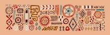 Set Of Abstract African Tribal Geometric Shapes, Ancient Ethnic Traditional Symbols And Ornate Signs. Hand-drawn Oriental Elements In Doodle Style. Isolated Colored Flat Vector Illustrations