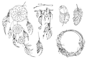 Dreamcatcher hippie decoration tattoo vector line. Boho style, beads and feathers.