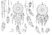 Dreamcatcher Hippie Decoration Tattoo Vector Line. Boho Style, Beads And Feathers.