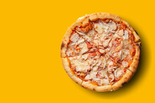 Classic Italian Pizza On Yellow Background, Text Space, Delivery Banner Concept