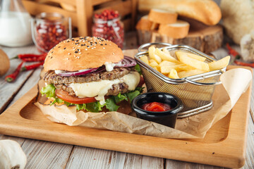 Classic american burger combo set with fries and ketchup