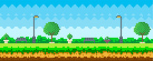 Pixel Art Game Nature Landscape With Trees, Bushes, Benches, Trash Can And Street Lamp, Blue Sky