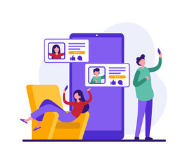 Wall Mural - likes addiction concept. colorful vector illustration of cartoon young man and woman taking selfie a