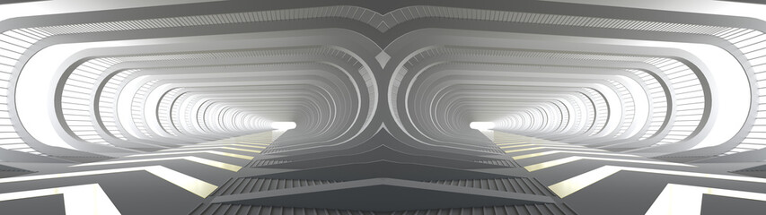 Wall Mural - 3d rendering of white empty room space and the pathway area indefinitely with the gap glowing in the