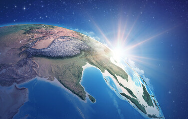 Wall Mural - Sunrise through clouds, upon a high detailed satellite view of Planet Earth, focused on South Asia, Himalayas and India. 3D illustration - Elements of this image furnished by NASA