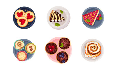 Sticker - Desserts with Cupcake, Cinnamon Bun and Cheesecake Served on Plate Vector Set