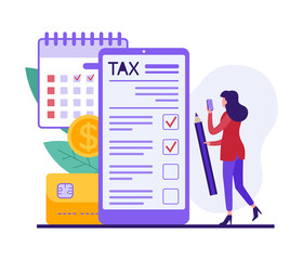 Wall Mural - filling tax form online and paying taxes. colorful vector illustration of modern cartoon female with