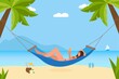 © Oksana - Beach landscape with sailing boat, beach hammock, cocktail and flip flops.Woman reading book in hammock at seacoast. Relax.Sea line, sand beach, sun, sky, palms. Vector flat colorful illustration