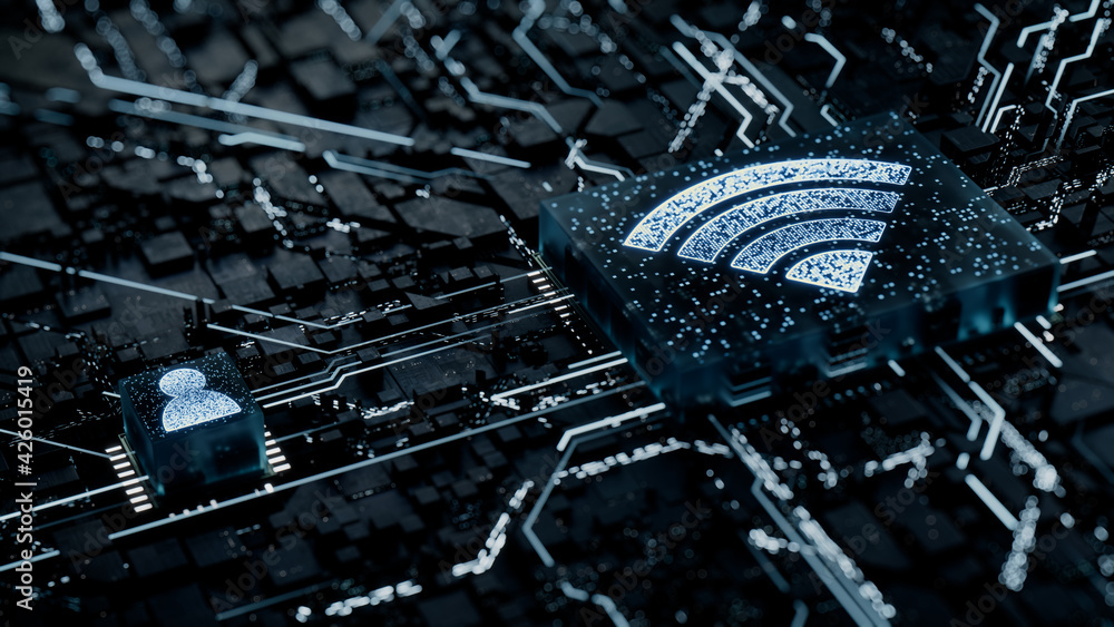 Wireless Technology Concept with wifi symbol on a Microchip. White Neon ...