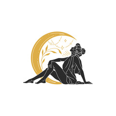 Wall Mural - beauty female sitting with moon crescent and stars silhouette
