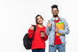 © F8  \ Suport Ukraine - Young indian students with backpacks and books making thumb up gestures isolated on white background