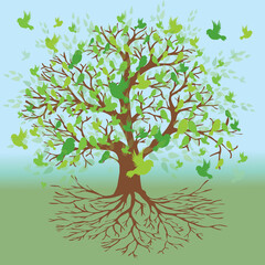 a tree of life with green birds sitting on the branches and flying around the tree. the background i