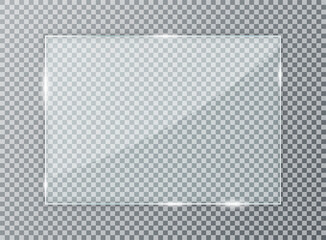 Leinwandbilder - Glass plate on transparent background. Acrylic and glass texture with glares, light and reflection. Realistic transparent glass window in rectangle frame. Vector