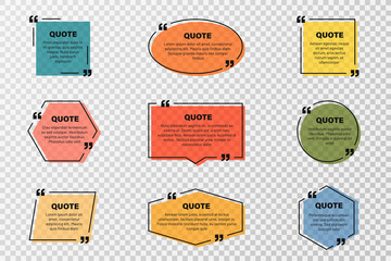 Quote text box, quote frame with space for text. Set of quotation bubbles. Transparent text box templates, message border and quote frames with colorful background. Vector