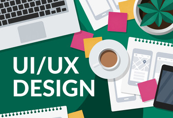 Wall Mural - ux ui design concept web banner. user experience designer workspace with mobile app wireframe sketch