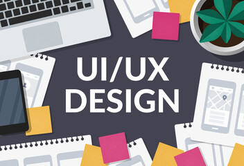 Wall Mural - ui ux design concept. user experience designer workspace with mobile app wireframe sketches. flat la