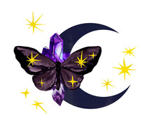 Moon With Magic Energy Butterfly With Stars, Magical Crystal Gem Stone. Watercolor Beautiful Astrology Esoteric Illustration