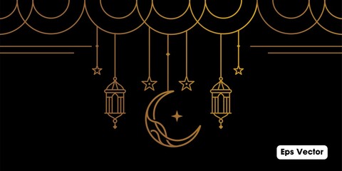 Wall Mural - golden ramadan Kareem, Eid Mubarak Greeting Line icon minimal and simple vector design with beautiful Glowing Lantern and elegant crescent moon star on dark background or Banner