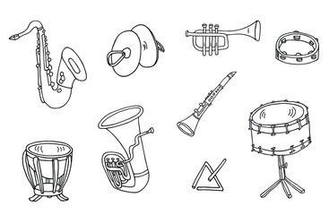 Saxophone, cymbals, tambourine, timpani, triangle, snare drum, tuba, clarinet and trumpet set. Hand drawn musical instruments vector icon collection.