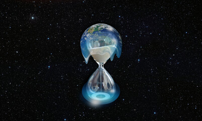 Poster - Global warming concept - Planet Earth on hourglass is slowly melting - Hourglass inside glass globe (earth) isolated on lot of stars background 