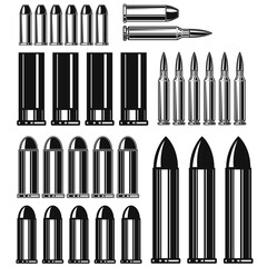 Wall Mural - Set of Illustrations of bullets and cartridges in vintage monochrome style. Design element for logo, label, sign, emblem, poster. Vector illustration