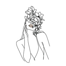 Woman Head With Flowers Composition. Hand-drawn Vector Line-art Illustration. One Line Style Drawing.