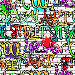 Sticker - Seamless graffiti pattern on white bricks and blots, urban style for guys.