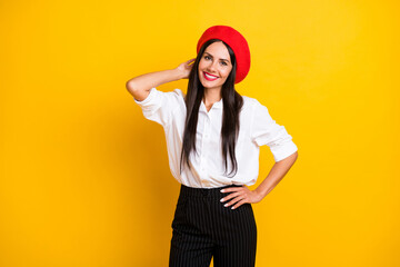 Poster - Photo of stunning charming young woman hold hand head waist smile isolated on shine yellow color background