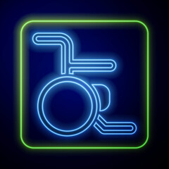 Poster - Glowing neon Wheelchair for disabled person icon isolated on blue background. Vector