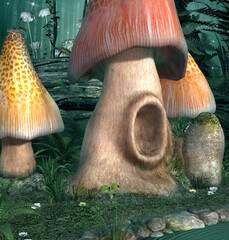 Wall Mural - Fantasy mushrooms in the foggy forest by a little pond