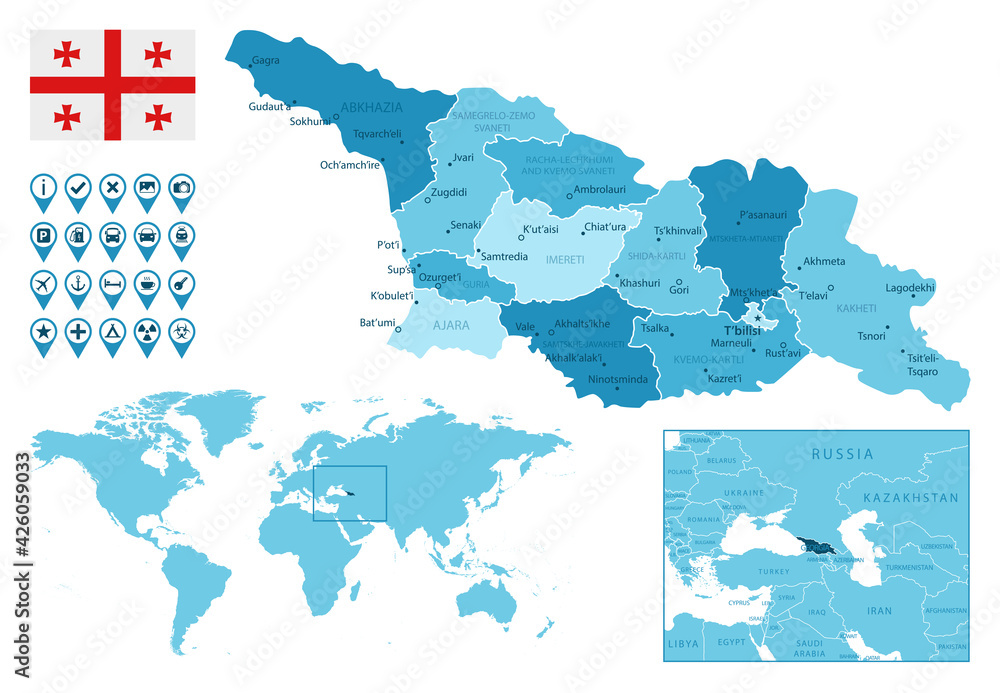Georgia Country Code Map Georgia detailed administrative blue map with country flag and location ...