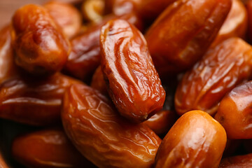 Sweet dried dates as background, closeup