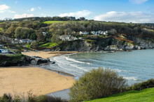 The Two Town Beaches On Aberporth Bay At This Small Town And Former Herring Fishing Harbour, Aberporth, Ceredigion, Wales, United Kingdom