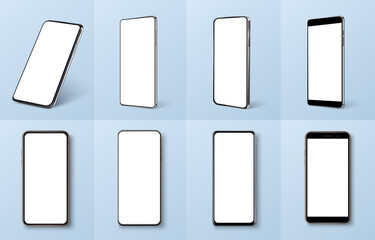 Fototapete - Smartphone frame less blank screen, rotated position. Smartphone from different angles. Mockup generic device. UI,UX smartphones set. Template for infographics or presentation 3D realistic phones.