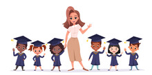 Happy Graduate Children Wearing Academic Gowns And Caps. Multicultural Kids With Teacher Celebrating Kindergarten Graduation Together. Flat Cartoon Vector Illustration.