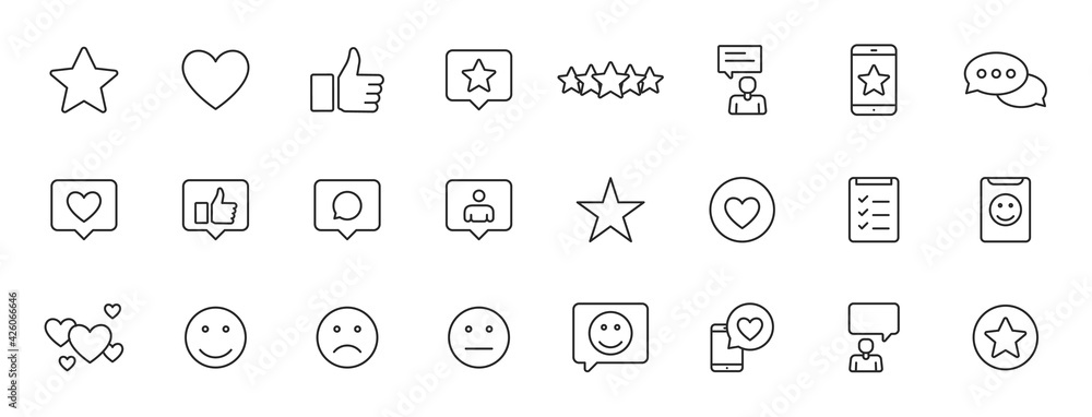Set of 24 Feedback and Review icons in line style. Star Rating, Emotion symbols. Vector illustration. - obrazy, fototapety, plakaty 