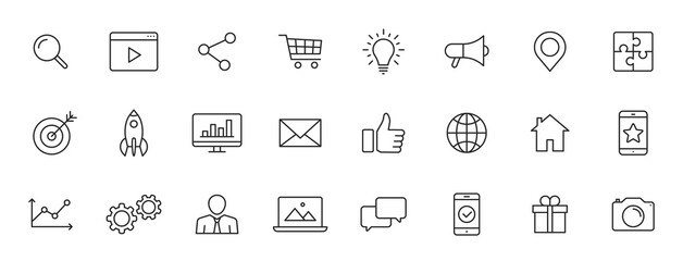 Wall Mural - set of 24 social networks web icons in line style. marketing, feedback, management, target, like, co