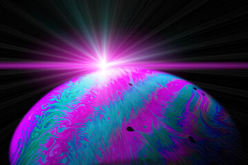 Wall Mural - Bubble abstract. Globe planet earth in galaxy universe space with sun on black background. Comet, asteroid, meteorite in fantasy galaxy.